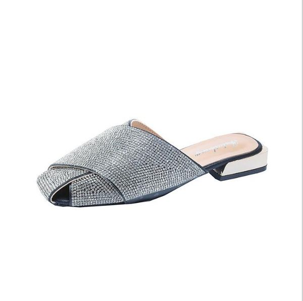 

slippers summer women's flat shoes women zapatos de mujer fashion square head low heel cross with half rhinestone, Black