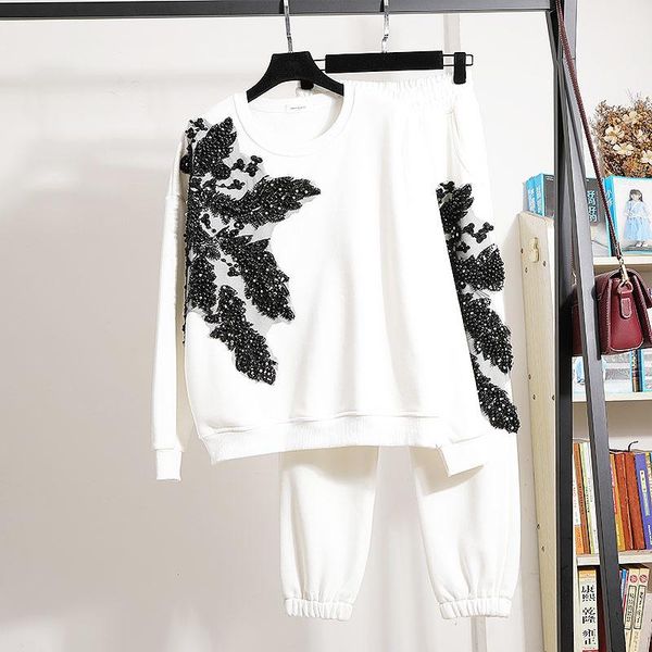

women's two piece pants autumn fashion white black tracksuit outfits women 2pc loose beading embroidery flowers pullover long set femal