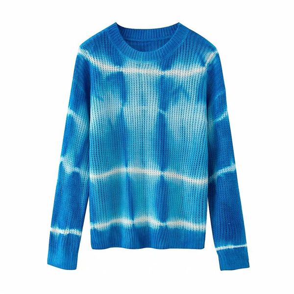 

womem 2021 autumn blue tie-dye knitted pullover long sweater female casual o-neck sleeve sweaters women's femme, White;black