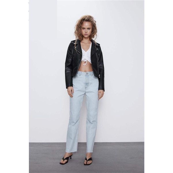 

women's jackets zcsmll pu long sleeve turn-down collar korean fashion stitching zipper leather coat 2021 summer korea, Black;brown