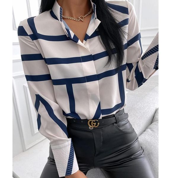 

women's blouses & shirts 2021 summer floral print blouse women clothes stand collar long sleeve office lady female casual plus size, White