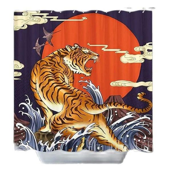 

shower curtains ukiyoe tiger curtain by ho me lili waves volcanic sun with hooks clouds bird blue background mountain bathroom decoration