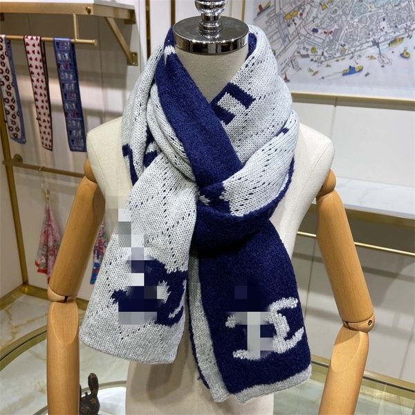 

21 autumn and winter new letters double-sided color knitted scarf women's versatile fashion couple cashmere warm bib, Blue;black