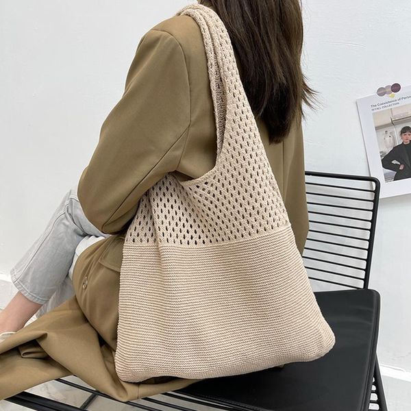

evening bags casual hollow woven women shoulder designer knitting handbags large capacity tote winter solid color big purse shopper sac