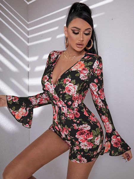 

bell sleeve allover floral print romper 26lh#, White
