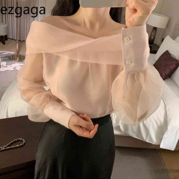 

ezgaga party blouse women korean slash neck long sleeve mesh solid loose spring elegant shirts female fashion blusas 210430, White