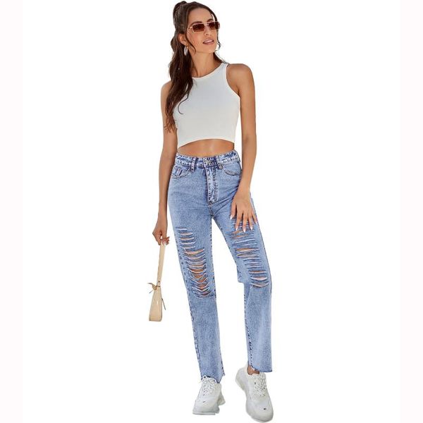 

street style high waist jeans women's fashion all-match blue ripped straight distressed and thin casual denim trousers