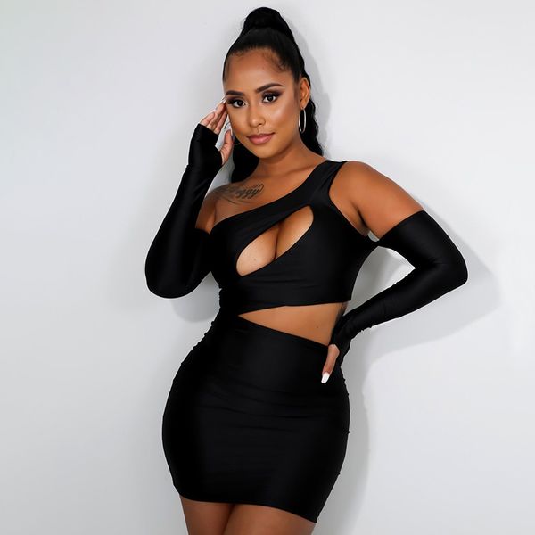 

2021one shoulder cut out bodycon dresses woman party night long sleeve clubwear fashion mini dress autumn winter, Black;gray