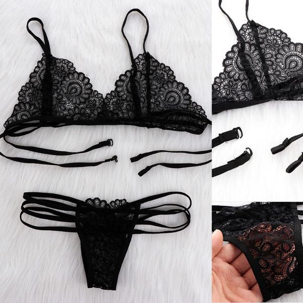 

bras sets women bandage underwear set bikini suit cross lingerie lace belt hollow bra and panty g-string panties, Red;black