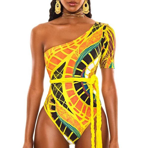 

one-piece suits one shoulder piece swimsuit african print totem swimwear women monokini 2021 female short sleeve bathers bathing