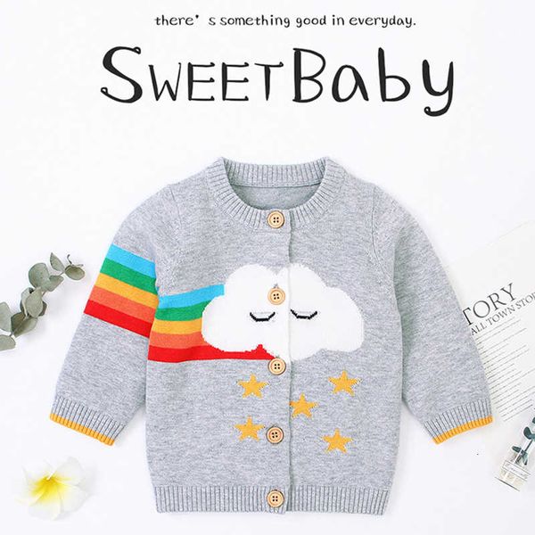 

autumn winter baby boys girls cartoon rainbow cloud knit jacket infant kids boy girl long sleeve cardigan coat clothing, Blue;gray