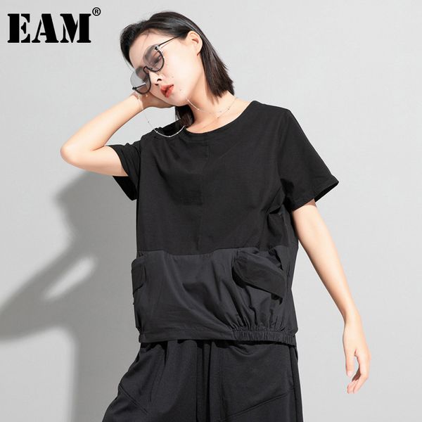 

[eam] women black big size irregular spliced pockets t-shirt round neck short sleeve fashion spring summer 1dd8085 210512, White