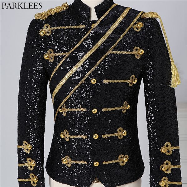 Giacca da uomo Steampunk nera con paillettes Giacca con colletto alla coreana Design con nappe Blazer da uomo Nightclub Party Prom Rock and Roll Costumi 3XL 220310