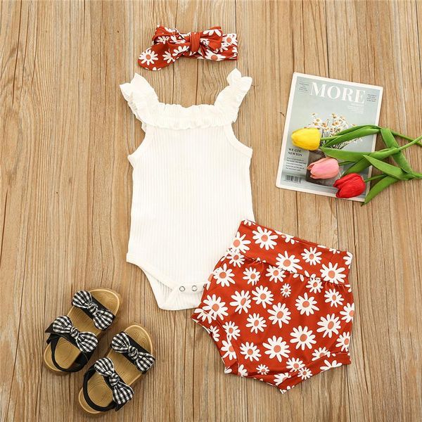 

baby girls clothes sets solid color sleeveless romper+sun/floral print shorts+bow-knot headband cotton casual outfits clothing, White