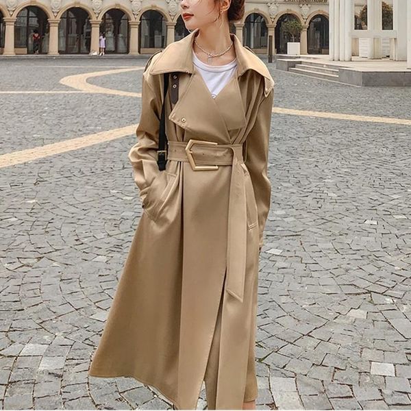 

women's trench coats long windbreaker spring autumn ladies cloak khaki wear a belt satin fabric high-end cotton lined coat female, Tan;black