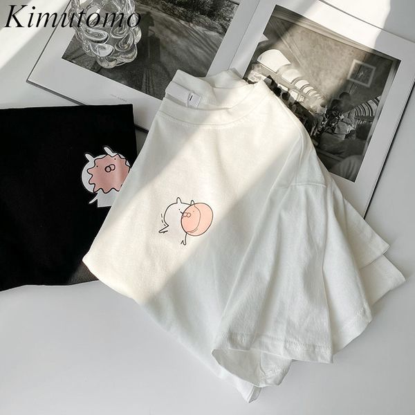 

kimutomo cartoon printing t-shirt female spring summer clothing korean style girls o-neck loose outwear casual 210521, White