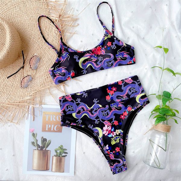 

female swimsuit high waist bikini 2021 women swimwear two-pieces bikini set dragon printed bather bathing suit swim lady k2474