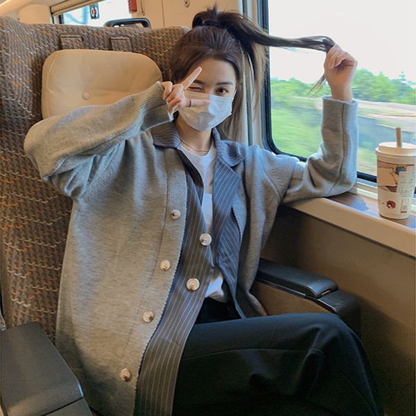 

women's sweaters false two women's blouses loose casual sleeve long suit cardigan neck knitted in autumn and winter ovby, White;black