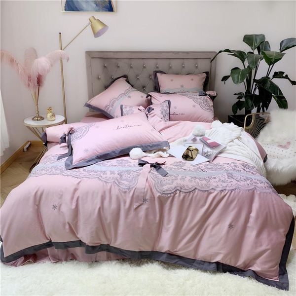 

bedding sets luxury embroidery 80s egyptian cotton pink princess 4/7pcs set bowknot duvet cover bed sheet pillowcases linen