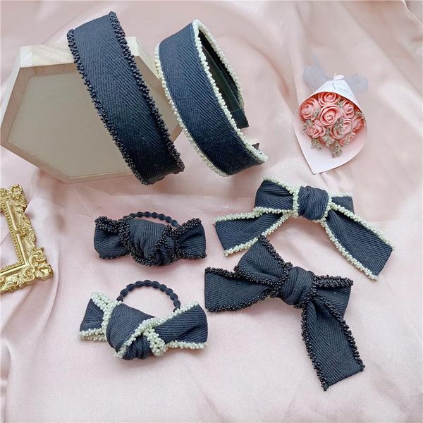 

hair accessories blue bowknot pearl ties headband simple denim bow lace headwrap barrettes wholesale