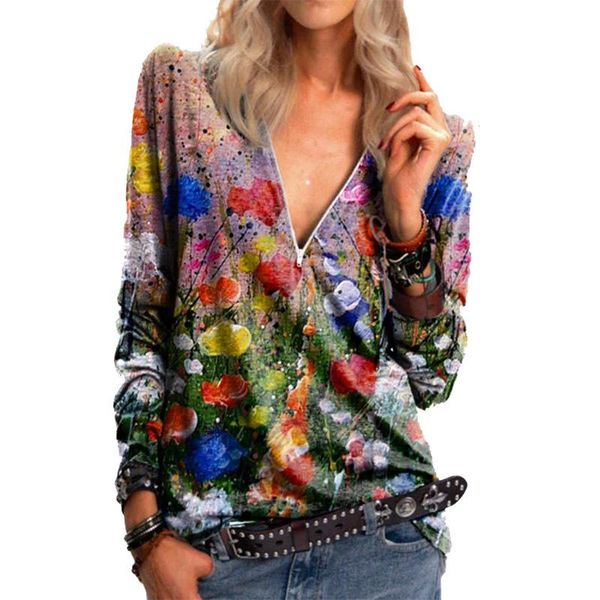 

women's t-shirt loose t-shirts women jumpers long sleeve casual woman pullovers v-neck female -sale streetwear flowers tee shirt c0474, White