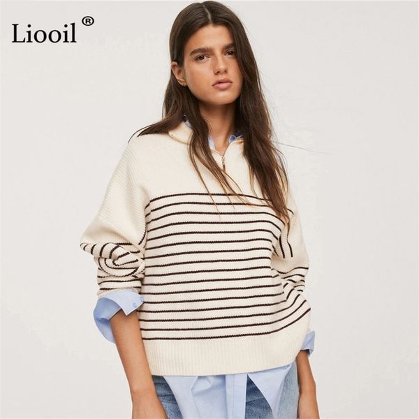 

black and white stripe baggy sweater zip up pullover female jumper streetwear knitwear sweaters and pullovers 211215, White;black