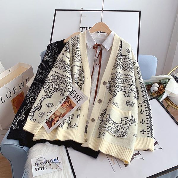 

women's knits & tees ebaihui cardigan for women print v neck vintage sweater coat loose long sleeve knitted korean fashion jumper overs, White