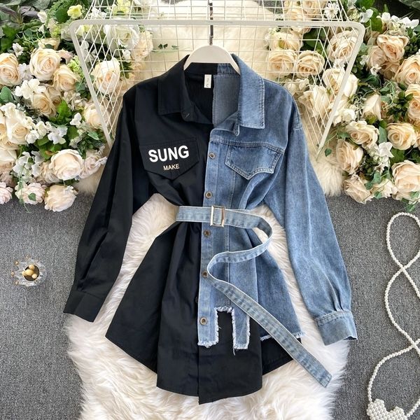

2021spring autumn women's denim shirt color contrast patchwork lace up blouse shows thin versatile fashion gd596 210317, White
