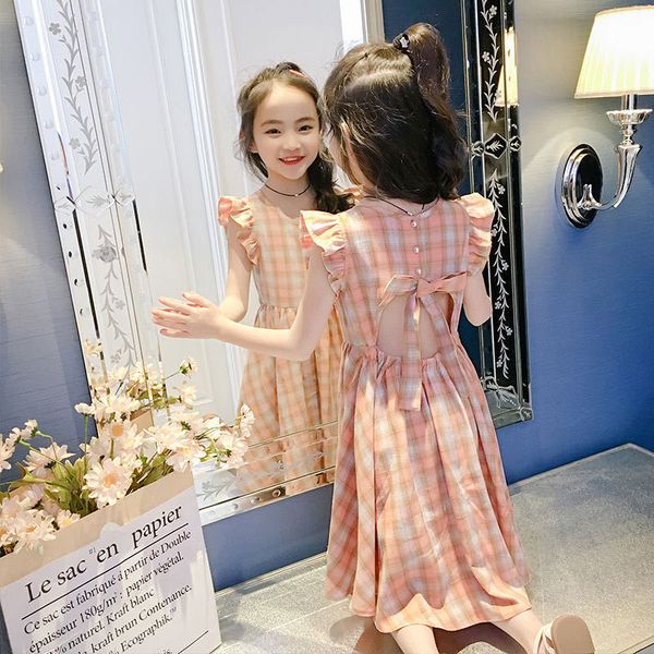 

girls' dresses big girls summer cotton linen sleeveless plaid bow kid girl ruffles backless children pearl long baby es, Red;yellow