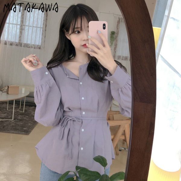 

matakawa ruffled hem waist slimming lace-up solid color v-neck women blouses autumn ladies women's long-sleeved blusas 210513, White