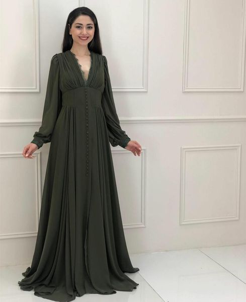 Caçador escuro Vestidos de noite verde Império Cintura de manga comprida V pescoço chiffon chiffon comprimento de comprimento partido vestidos feitos sob encomenda