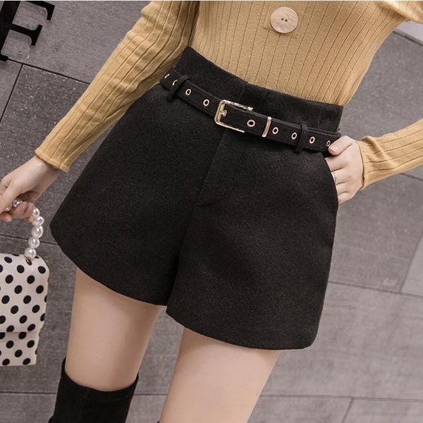 

women's shorts women winter high waist woolen 2021 chic office korean slim short pants boots with sashes, White;black