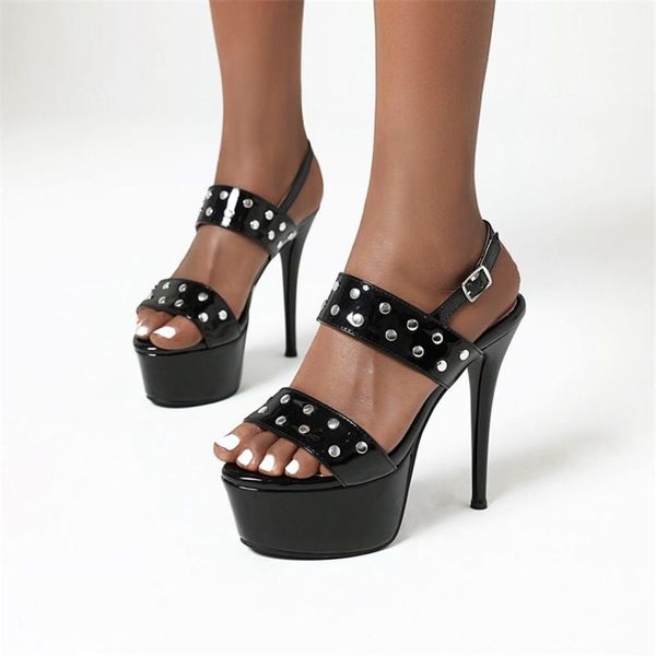 

dress shoes pxelena 2021 summer luxury stiletto super high heel rivet sandals lady platform party nightclub catwalk women plus size 43, Black