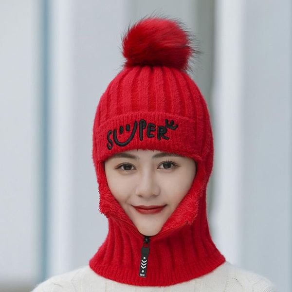 

korean version of the jumpsuit female knitted earmuffs wool hat cycling outdoor warm zipper winter wide brim hats, Blue;gray