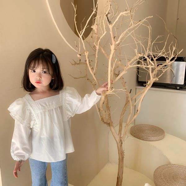 

2021 spring new korean style baby girls chiffon blouses pure color ruffles square collar kids white shirts, White;black