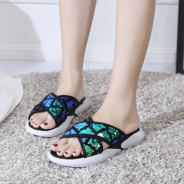 

slippers slip-on fashion open toe summer women med outside sports slides bling flat with cross-tied shoes rubber pu, Black