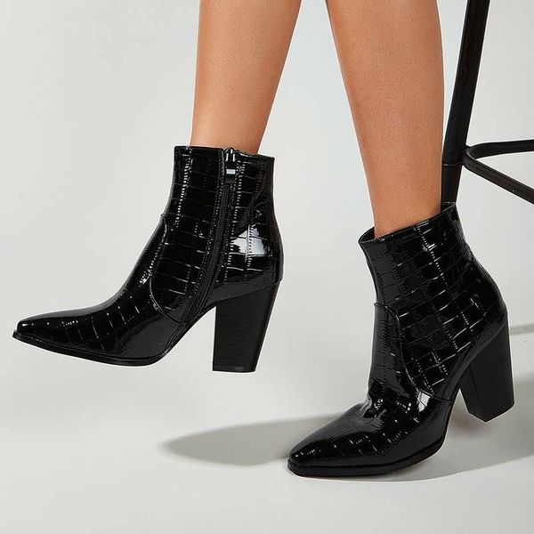 

boots 2021 women ankle chaussure short booties gladiator pu leather high heels pump pointed toe shoes woman zapatos mujer sapato, Black