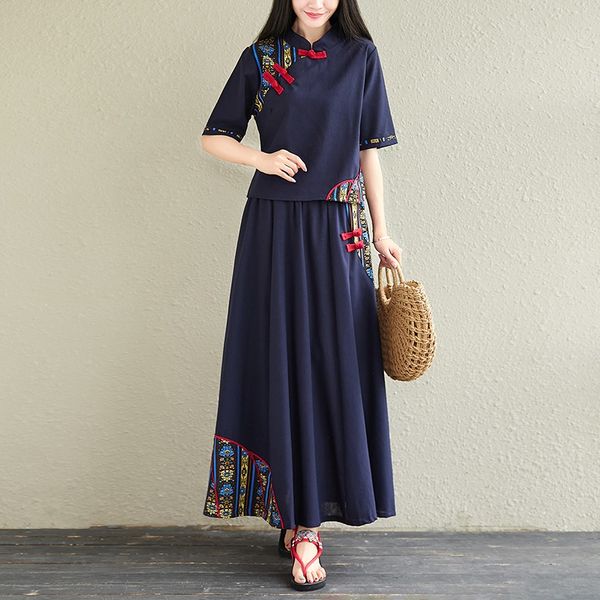 

cotton linen traditional chinese clothing for women vintage cheongsam o-neck loose style clothing retro skirt outfits 10399, Red
