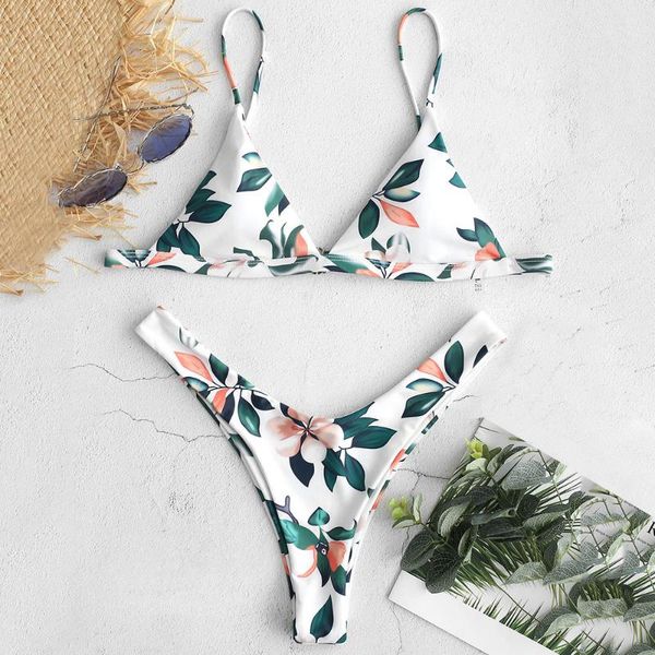 

women's swimwear leaf print plunge high cut bikini set, White;black