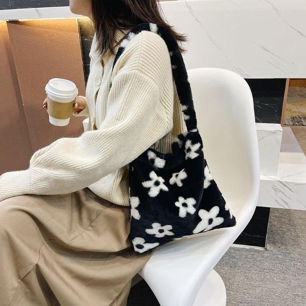 

evening bags ins fashion women cow print shoulder 2021 winter soft plush bucket leopard zebra flower pattern fluffy tote