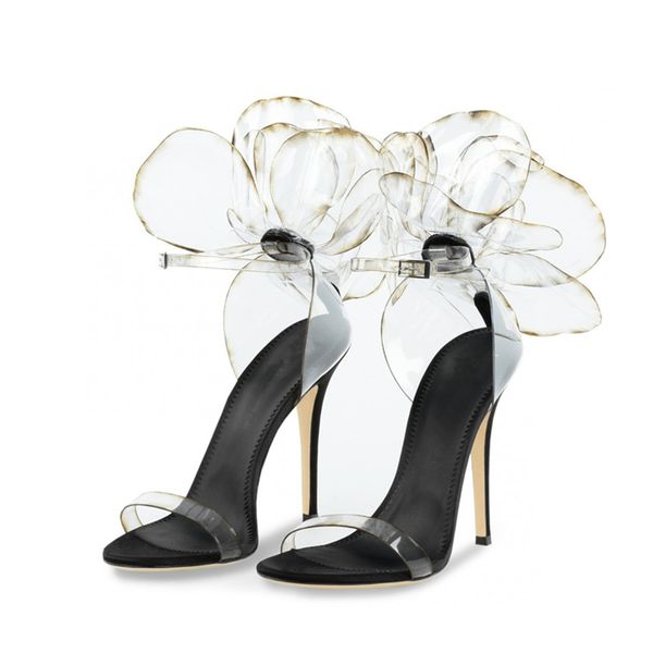 

dress shoes clear pvc flowers design women sandals thin high heels lady summer transparent prom pumps sandalias femmes chauss, Black