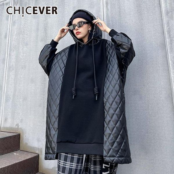 

black pu sweatshirt for women hooded collar long sleeve patchwork hit color cotton streetwear pullover female 2021 tide women's hoodies