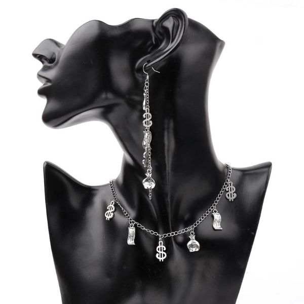 

earrings & necklace dollar pendant money symbol bill purse fashion women jewelry set unique charm chain personality for lady gift, Silver