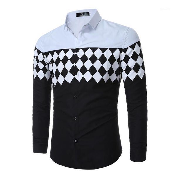 

autumn geometric print plaid shirts men korean slim fit long sleeve dress shirt casual business button down male men's, White;black