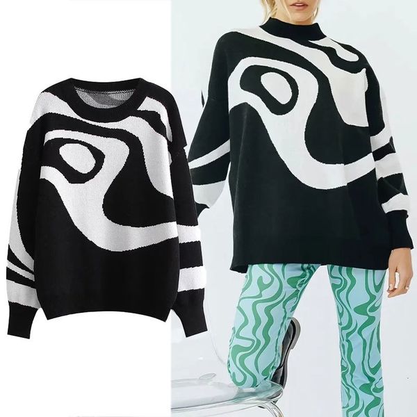 

women's sweaters za women's nightgown autumn contrast woman's sweater fashion long sleeve sweaters ladies casual 8cs8, White;black