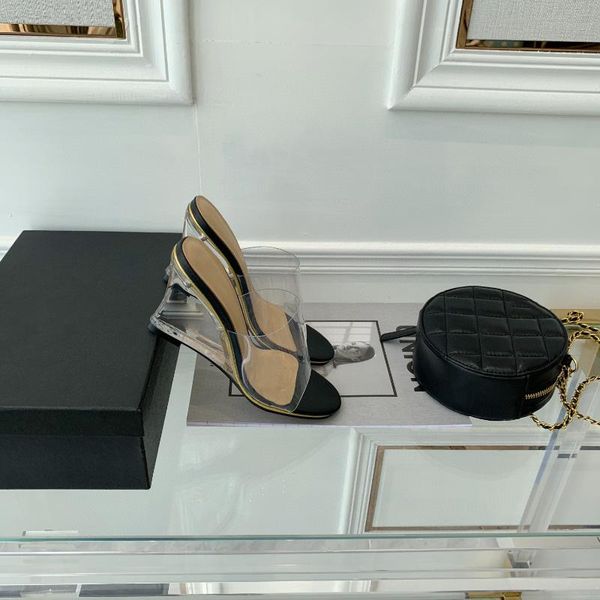 

sandals women's shoes 2021 summer crystal heel transparent band slope high heels, Black