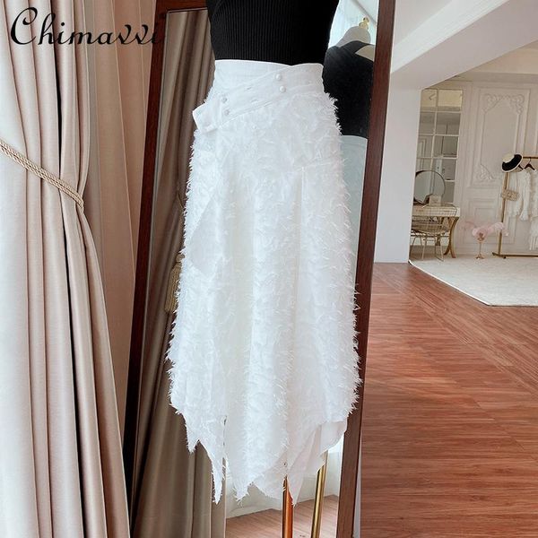 

skirts high street women solid color waist a- line tassel skirt button patchwork mid-length irregular hem lady fashion, Black