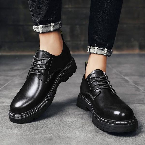 

new men shoes solid color pu retro round toe thick bottom lace-up fashion casual comfortable all-match derby shoes zq0556, Black