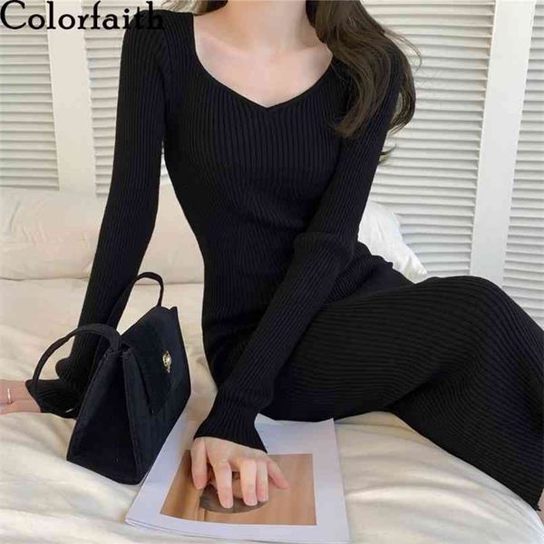 

autumn winter women dresses knitted v-neck korean skinny warm bottoming wild elegant lady long dress dr6102 210427, Black;gray
