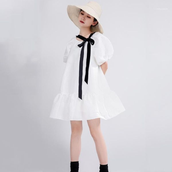 

casual dresses 2021 summer ruffled tie women dress original design french style fashion loose ladies puff sleeve temperament robe1, Black;gray